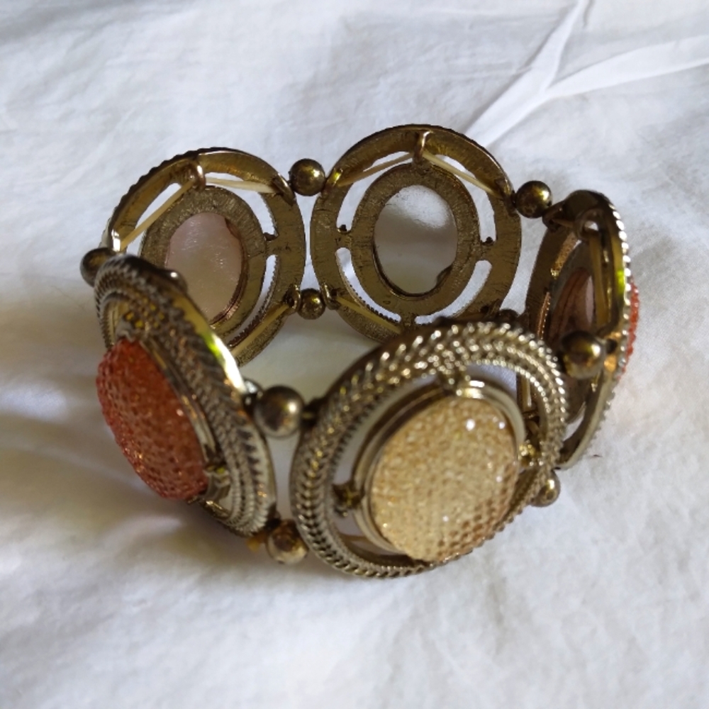 80's Earth Tone Jeweled Elastic Costume Bracelet - Picture 1 of 5